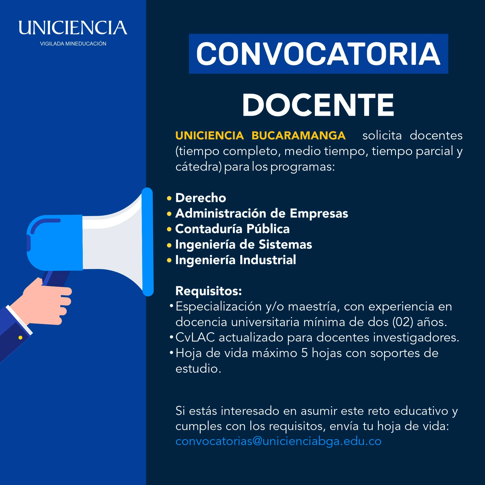 Convocatoria Docentes Bucaramanga Primer semestre 2024