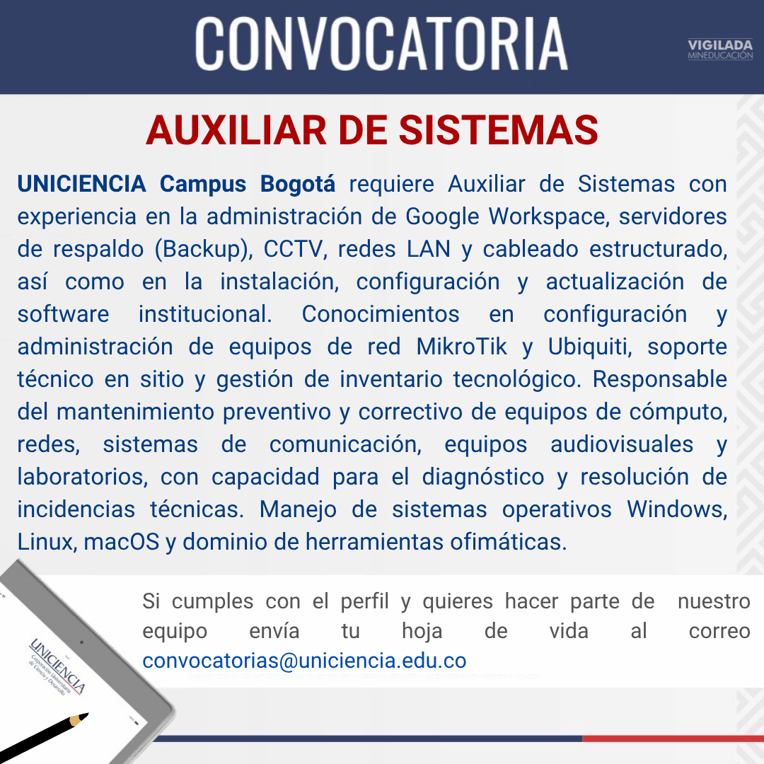 Convocatoria Auxiliar de sistemas - Bogotá Octubre 2025