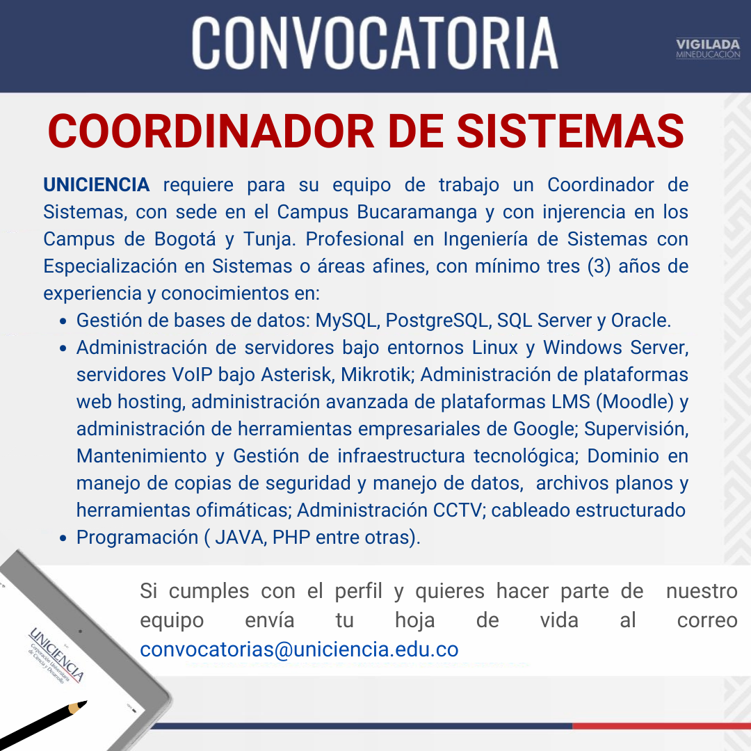 Convocatoria Coordinador Sistemas - Bucaramanga Septiembre 2025