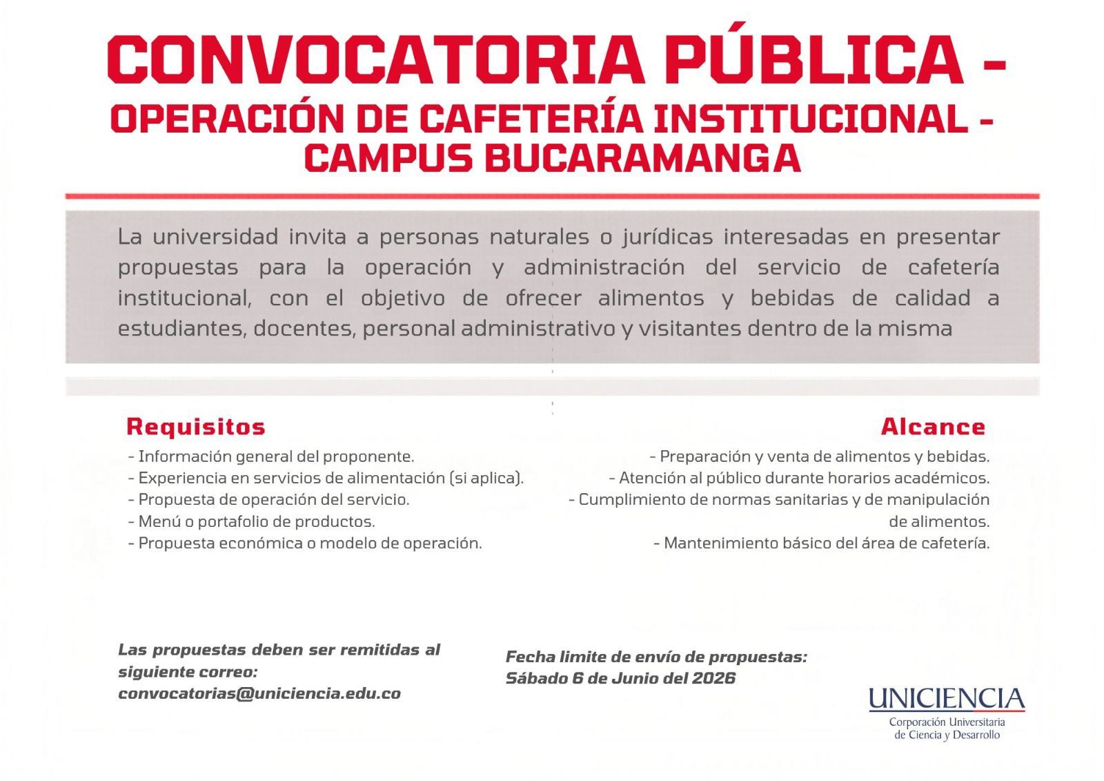 Convocatoria operación de cafetería Institucional - Mayo 2026