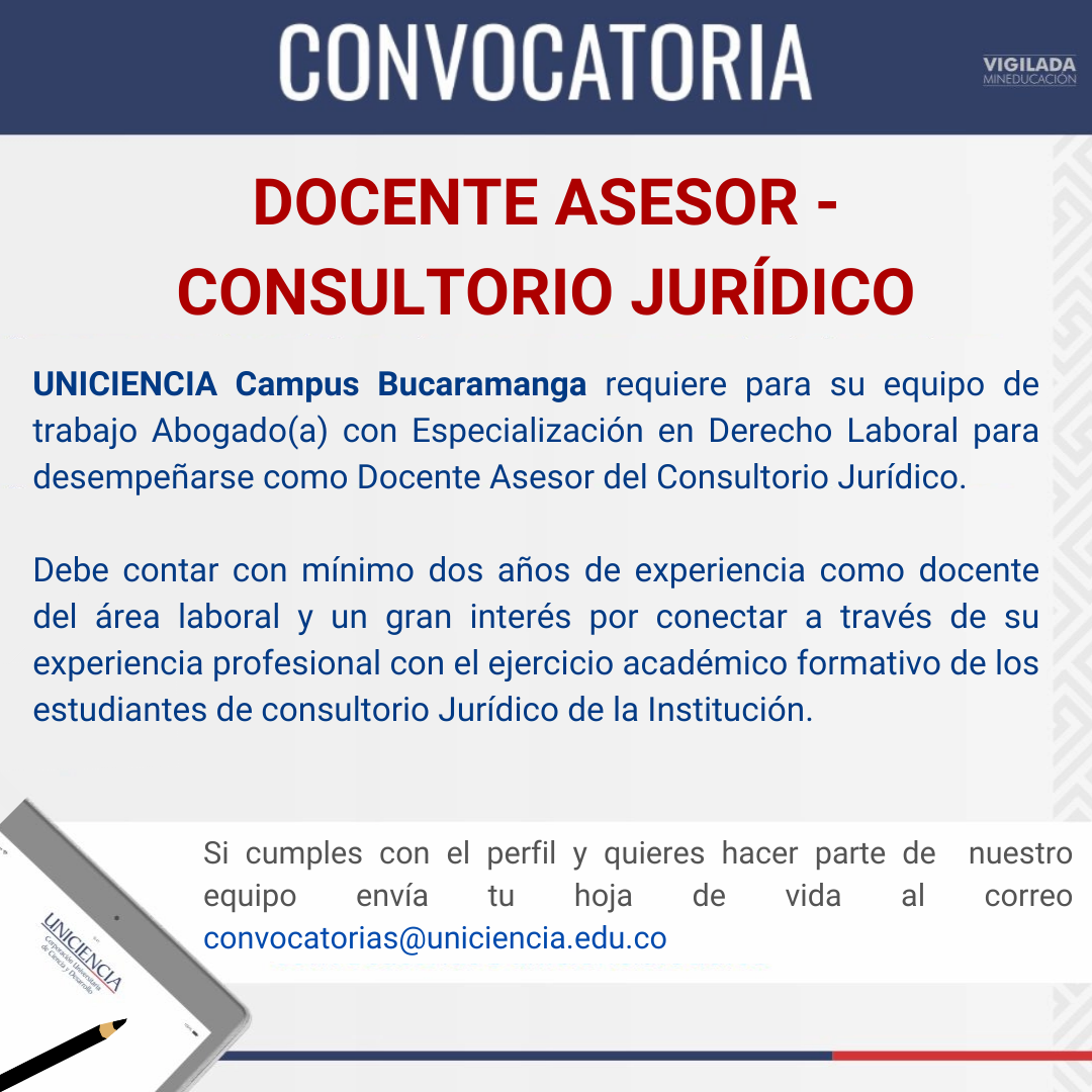 Convocatoria Docente Asesor Consultorio Jurídico - Bucaramanga Enero 2026