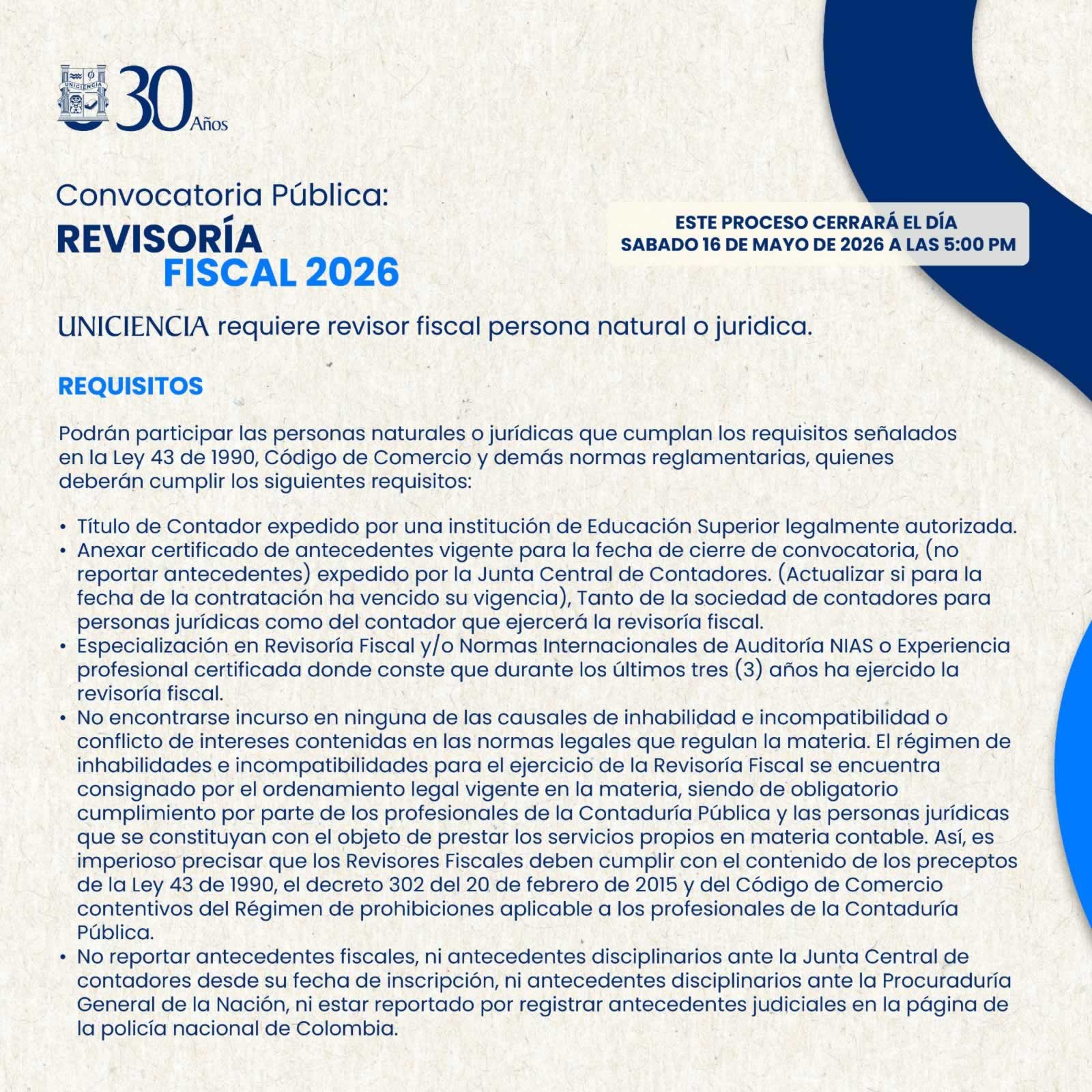 Convocatoria Revisoria Fiscal - Mayo 2026